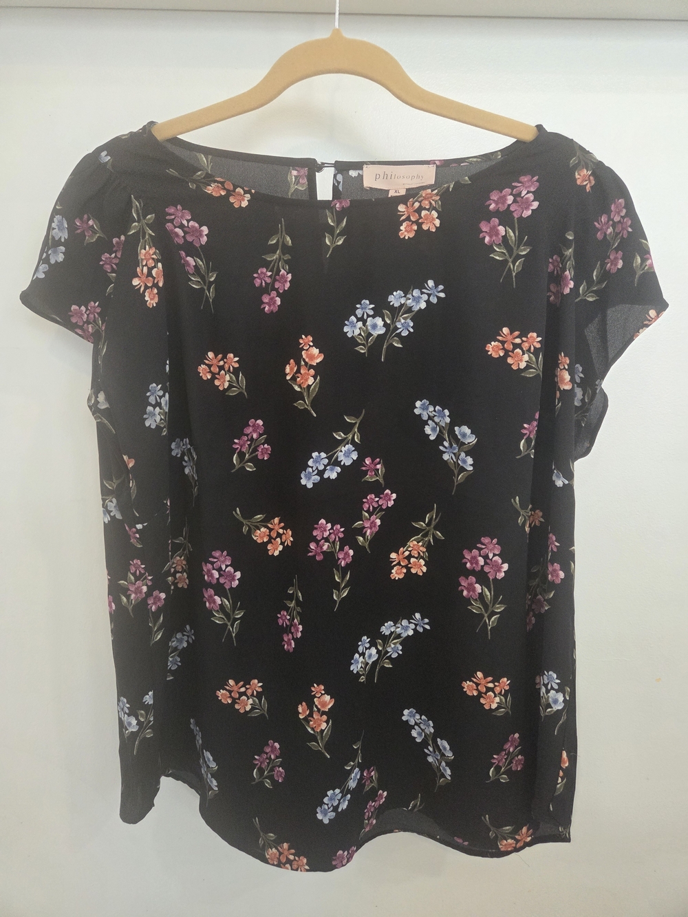 Philosophy Cap Sleeve Black Floral Blouse - XL